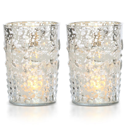 2-PACK | Vintage Mercury Glass Candle Holder (4-Inch, Fleur Design, Flower Motif, Silver) - For Home Decor, Party Decorations, and Wedding Centerpieces