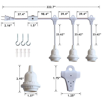 Triple Socket White Pendant Light Lamp Cord for Lanterns, Switch, E26, 19 FT