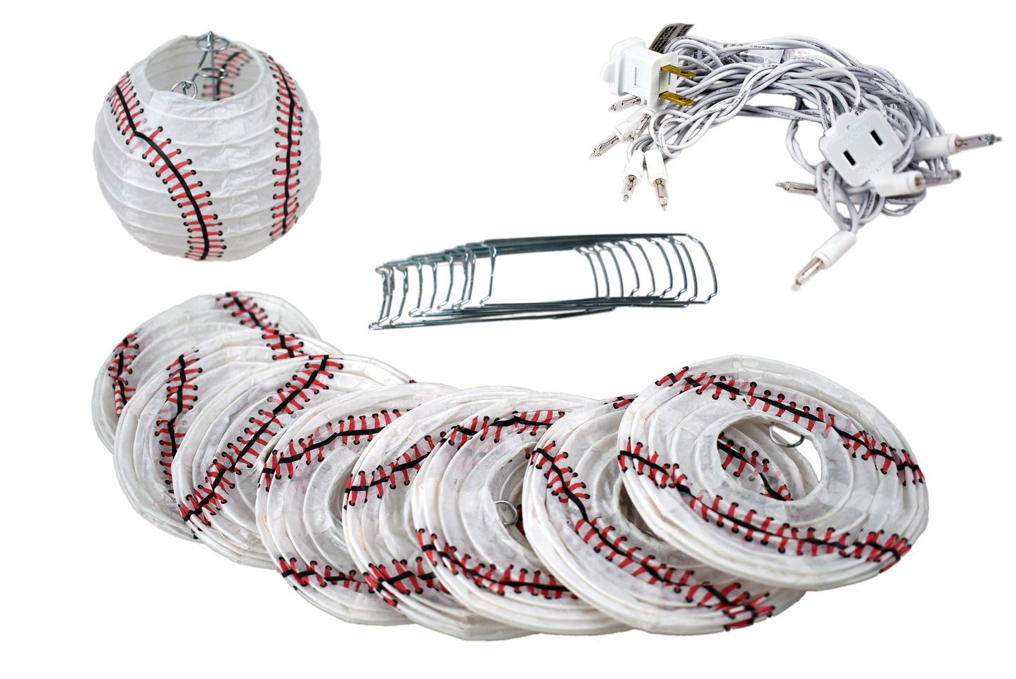 10 Socket Baseball Sports Round Paper Lantern Party String Lights (4" Lanterns, Expandable) - PaperLanternStore.com - Paper Lanterns, Decor, Party Lights & More