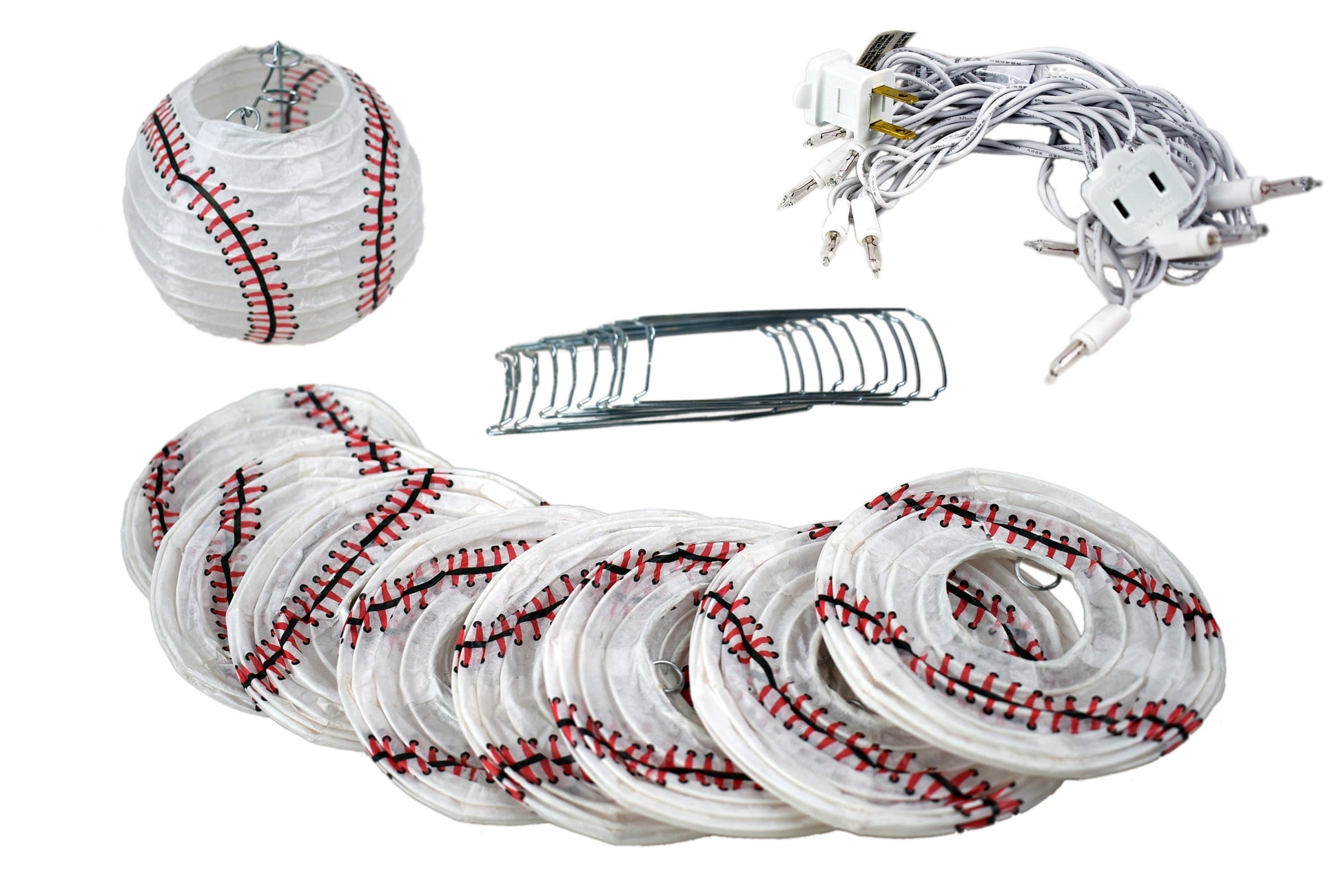 10 Socket Baseball Sports Round Paper Lantern Party String Lights (4" Lanterns, Expandable) - PaperLanternStore.com - Paper Lanterns, Decor, Party Lights & More