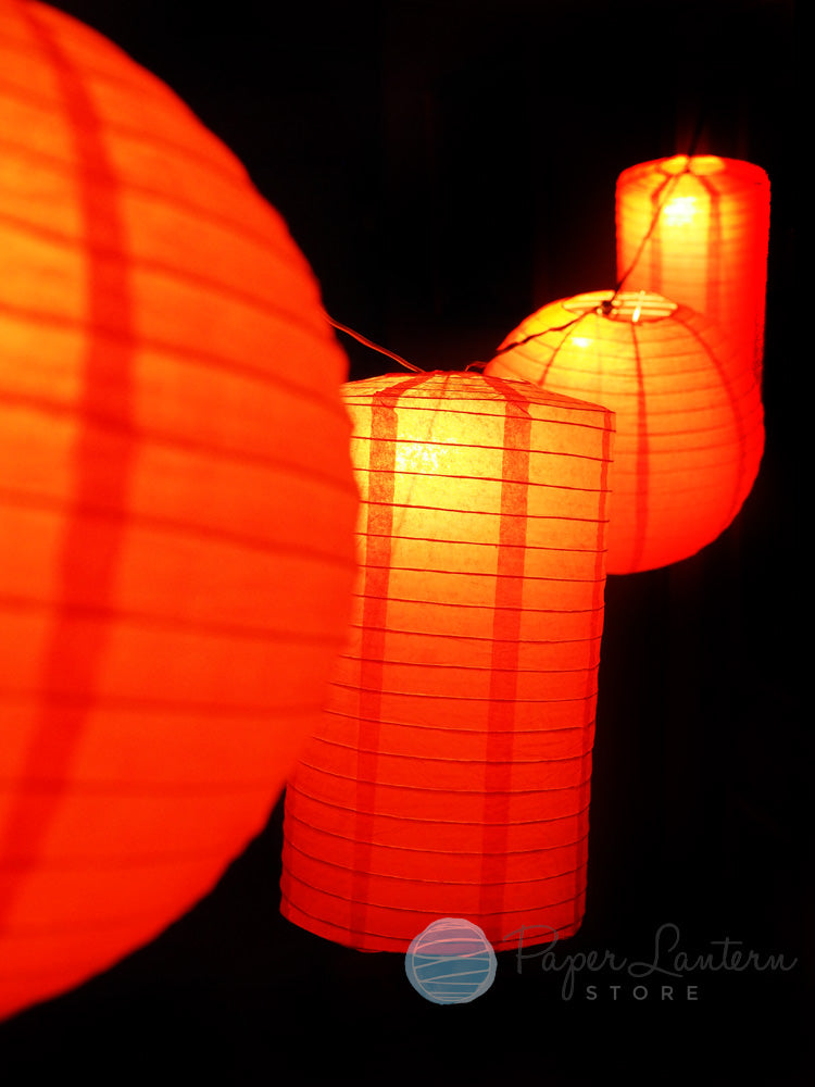 8" Chinese New Year Round & Cylinder Paper Lantern String Light COMBO Kit (12 FT, EXPANDABLE, Black Cord) - PaperLanternStore.com - Paper Lanterns, Decor, Party Lights & More