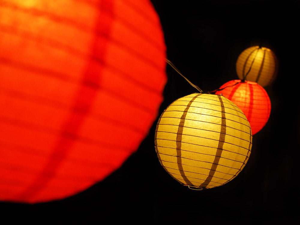 8" Chinese New Year Red and Gold Paper Lantern String Light COMBO Kit (12 FT, EXPANDABLE, Black Cord) - PaperLanternStore.com - Paper Lanterns, Decor, Party Lights & More