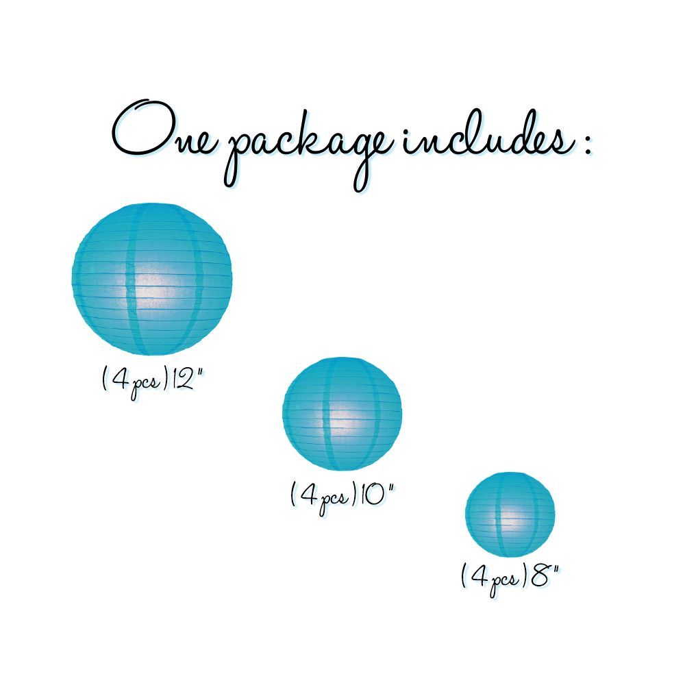 12-PC Turquoise Paper Lantern Chinese Hanging Wedding & Party Assorted Decoration Set, 12/10/8-Inch - PaperLanternStore.com - Paper Lanterns, Decor, Party Lights & More