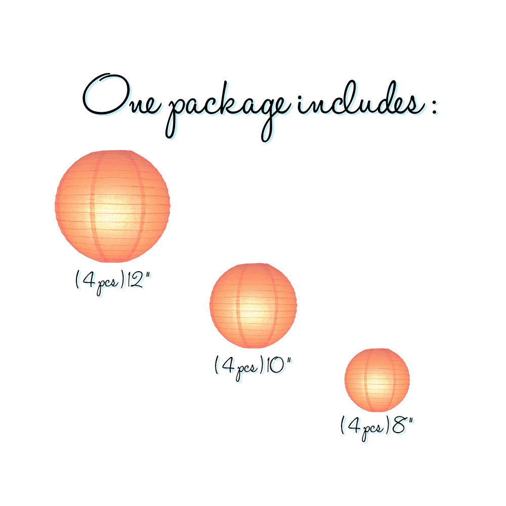 12-PC Peach / Orange Coral Paper Lantern Chinese Hanging Wedding & Party Assorted Decoration Set, 12/10/8-Inch - PaperLanternStore.com - Paper Lanterns, Decor, Party Lights & More