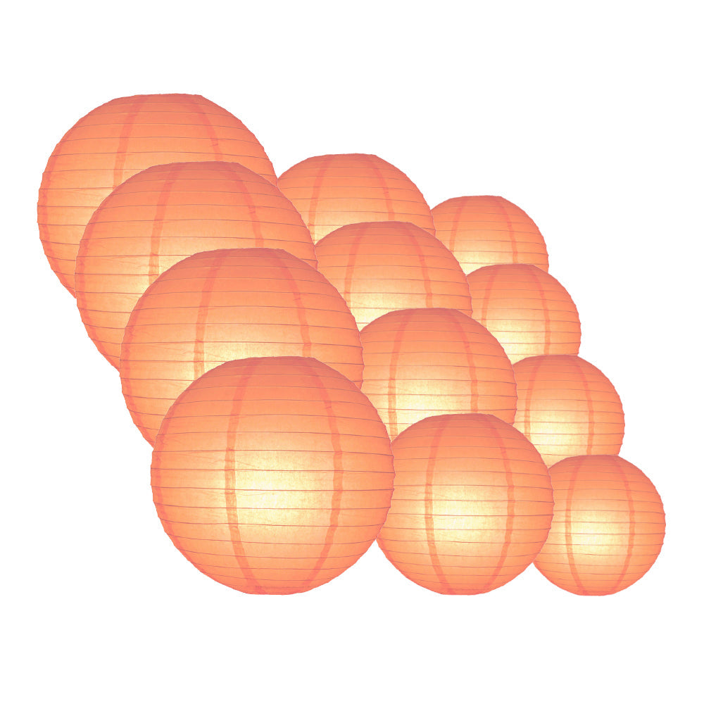 12-PC Peach / Orange Coral Paper Lantern Chinese Hanging Wedding & Party Assorted Decoration Set, 12/10/8-Inch - PaperLanternStore.com - Paper Lanterns, Decor, Party Lights & More