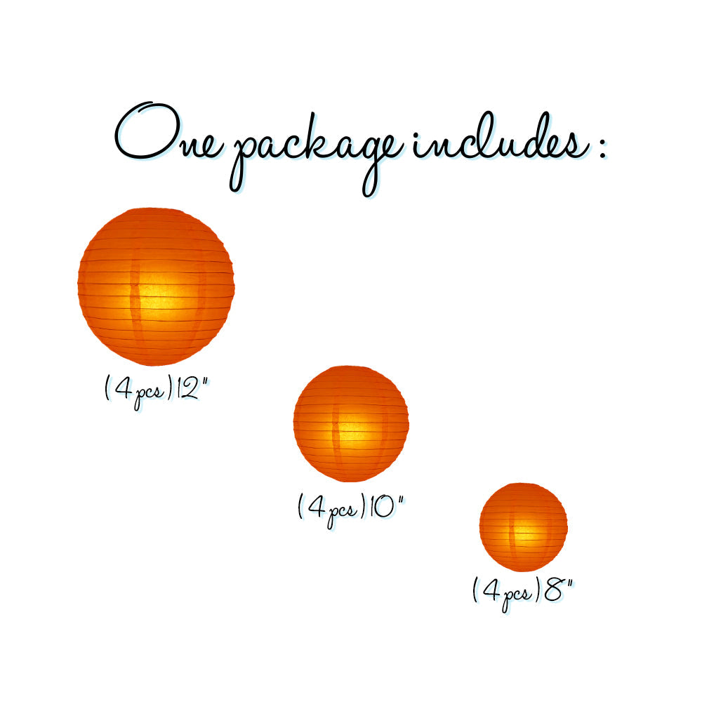 12-PC Persimmon Orange Paper Lantern Chinese Hanging Wedding & Party Assorted Decoration Set, 12/10/8-Inch - PaperLanternStore.com - Paper Lanterns, Decor, Party Lights & More