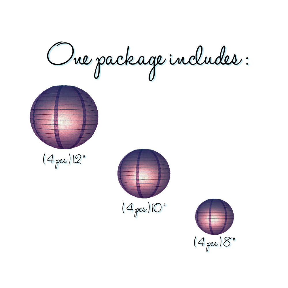 12-PC Royal Purple Paper Lantern Chinese Hanging Wedding & Party Assorted Decoration Set, 12/10/8-Inch - PaperLanternStore.com - Paper Lanterns, Decor, Party Lights & More