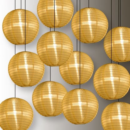 BULK PACK (12) 14" Golden Yellow Shimmering Nylon Lantern, Even Ribbing, Durable, Hanging