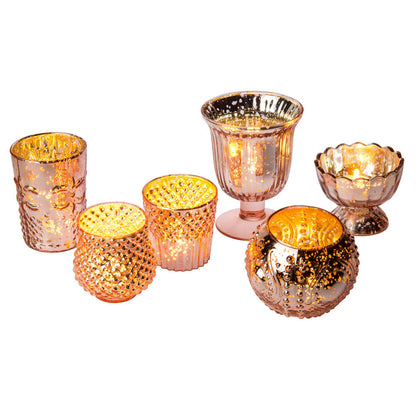 Vintage Glam Rose Gold Pink Mercury Glass Tea Light Votive Candle Holders (6 PACK, Assorted Designs and Sizes) - PaperLanternStore.com - Paper Lanterns, Decor, Party Lights & More