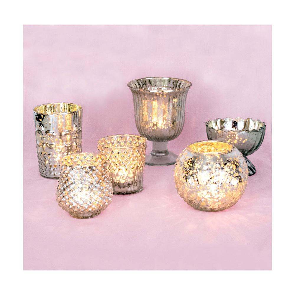 Vintage Glam Silver Mercury Glass Tea Light Votive Candle Holders (6 PACK, Assorted Designs and Sizes) - PaperLanternStore.com - Paper Lanterns, Decor, Party Lights & More