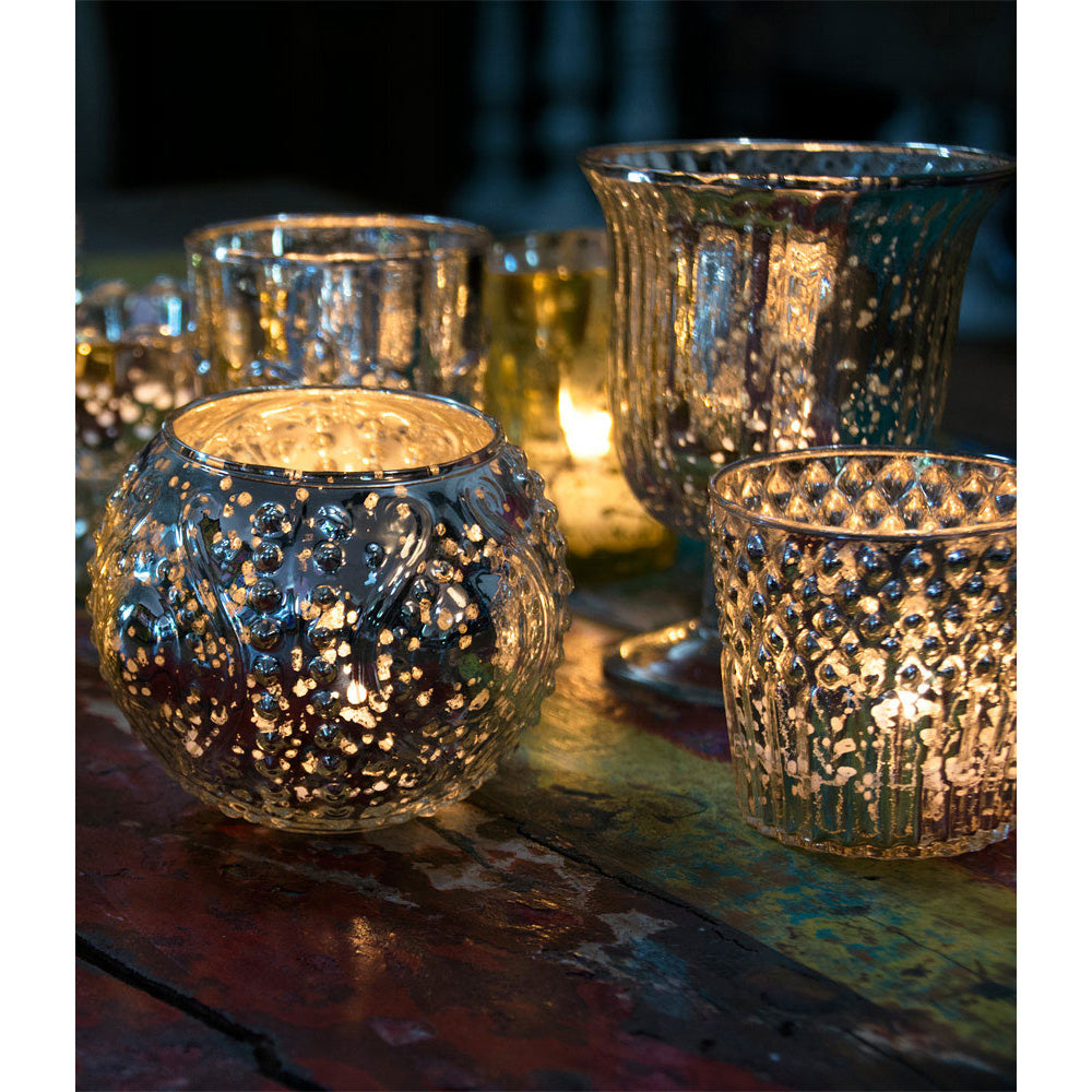 Vintage Glam Silver Mercury Glass Tea Light Votive Candle Holders (6 PACK, Assorted Designs and Sizes) - PaperLanternStore.com - Paper Lanterns, Decor, Party Lights & More