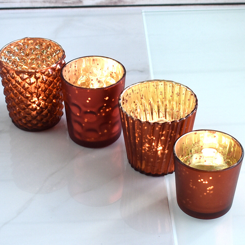 Best of Show Mercury Glass Tealight Votive Candle Holders (Rustic Copper Red, Set of 4, Assorted Styles) - for Weddings, Events, Parties, Home Decor - PaperLanternStore.com - Paper Lanterns, Decor, Party Lights & More