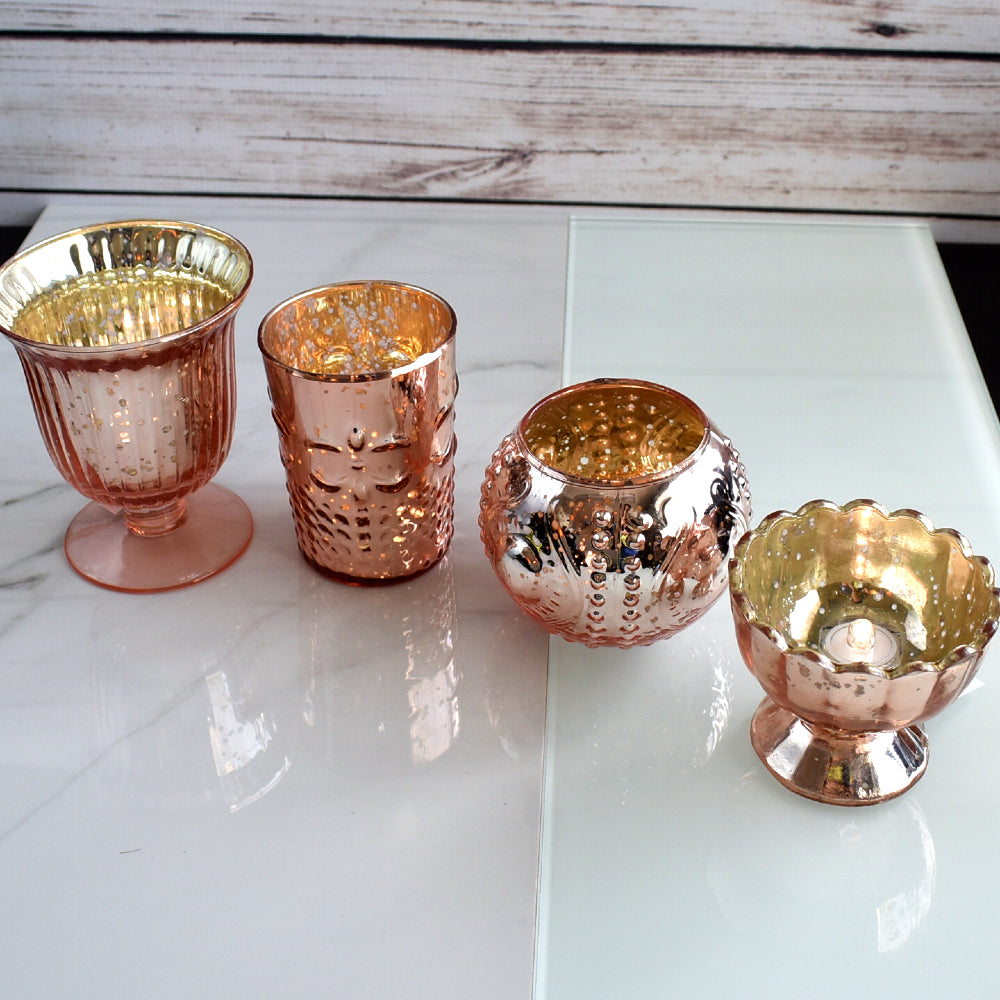 4 Pack | Vintage Glam Mercury Glass Tealight Votive Candle Holders (Rose Gold Pink, Assorted Designs and Sizes) - for Weddings, Events & Home Décor - PaperLanternStore.com - Paper Lanterns, Decor, Party Lights & More