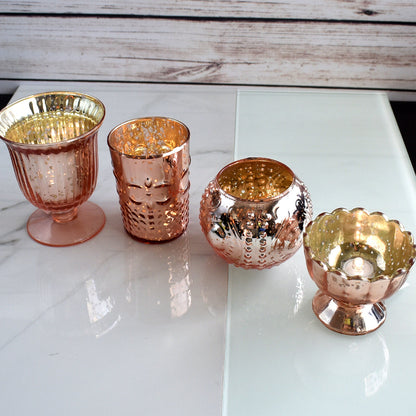 4 Pack | Vintage Glam Mercury Glass Tealight Votive Candle Holders (Rose Gold Pink, Assorted Designs and Sizes) - for Weddings, Events & Home Décor - PaperLanternStore.com - Paper Lanterns, Decor, Party Lights & More
