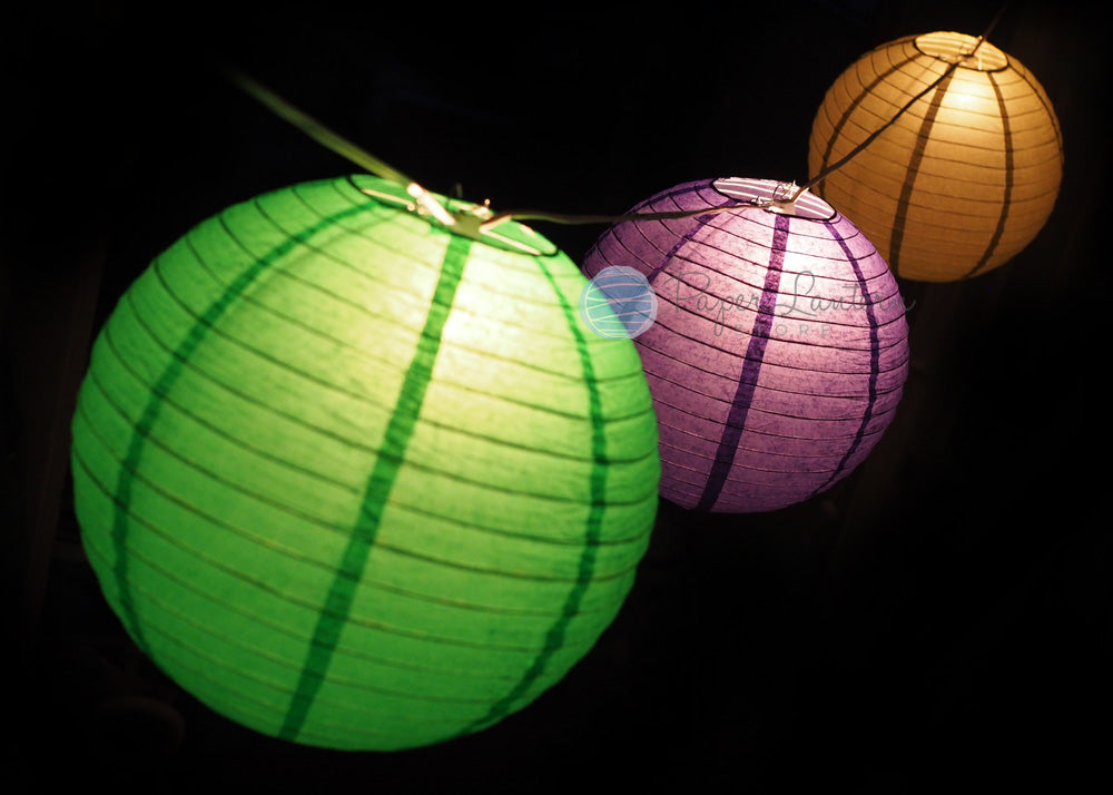 12" Mardi Gras Carnaval Festive Paper Lantern String Light COMBO Kit (31 FT) - PaperLanternStore.com - Paper Lanterns, Decor, Party Lights & More