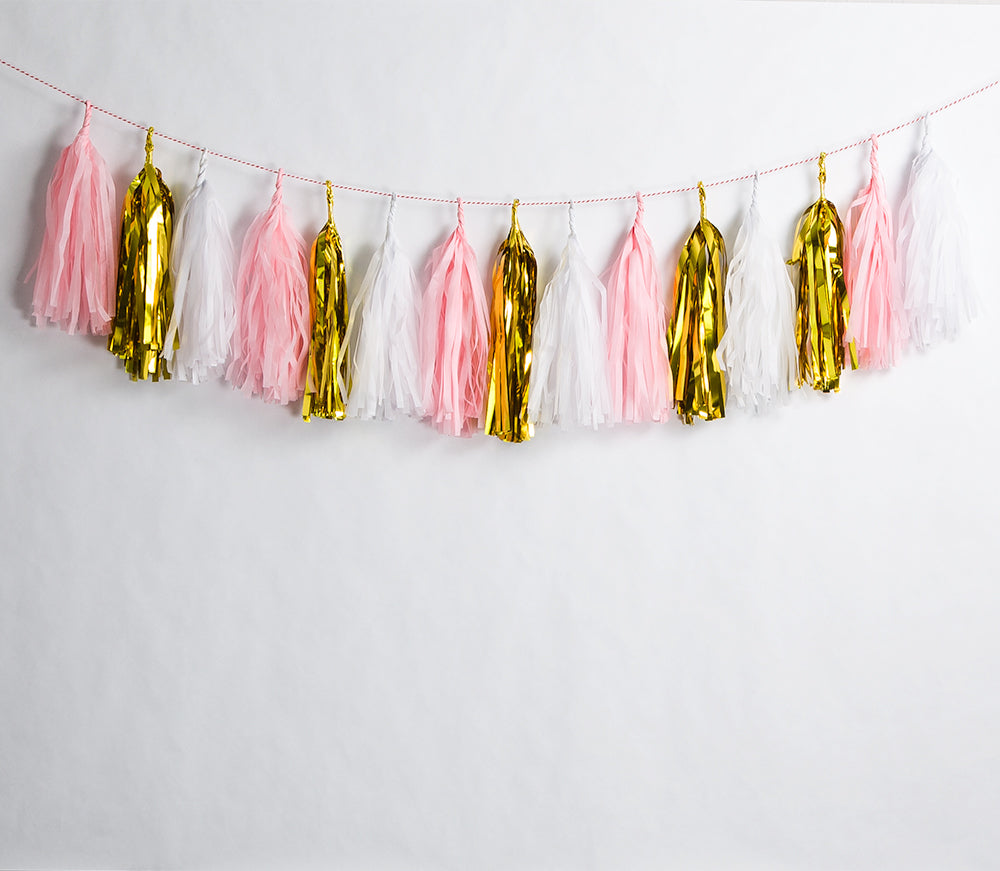 Metallic Pink / Gold Tissue Paper Tassel Garland Kit (15-PACK) - PaperLanternStore.com - Paper Lanterns, Decor, Party Lights & More