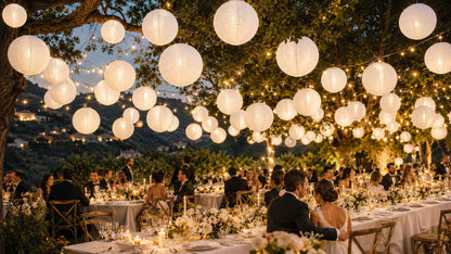 White nylon lanterns in a backyard setting