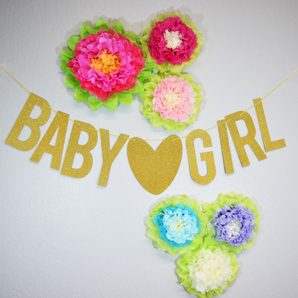 Baby &hearts; Girl Baby Shower Glitter Paper Garland Banner (4-9 FT) - PaperLanternStore.com - Paper Lanterns, Decor, Party Lights & More
