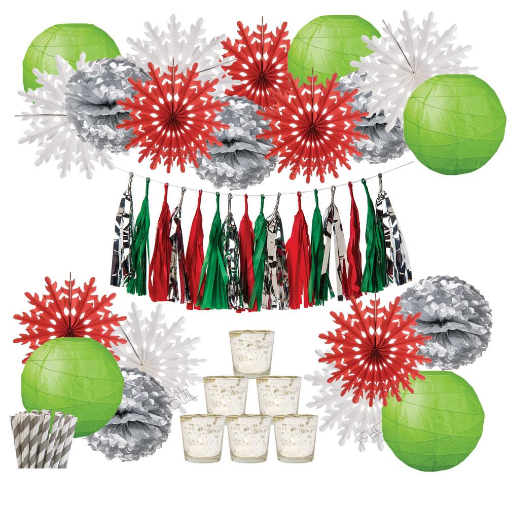 Luna Bazaar Tis the Season Party Decoration Kit - Includes Garland, Paper Hanging Snowflake Fans, Paper Lanterns, Tissue Paper Pompoms, Paper Straws and Mercury Glass Candle Holders - PaperLanternStore.com - Paper Lanterns, Decor, Party Lights & More
