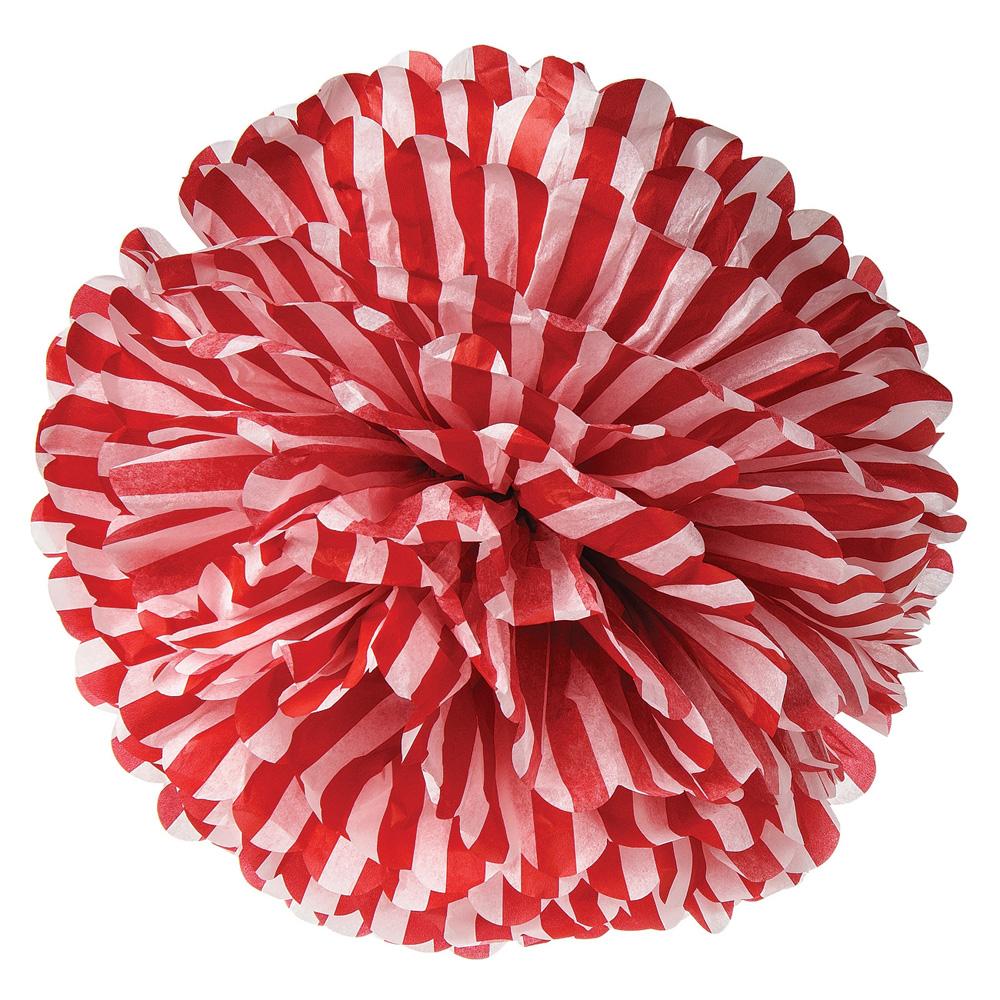 Red Striped 15 Inch Tissue Paper Flower Pom Pom - PaperLanternStore.com - Paper Lanterns, Decor, Party Lights & More