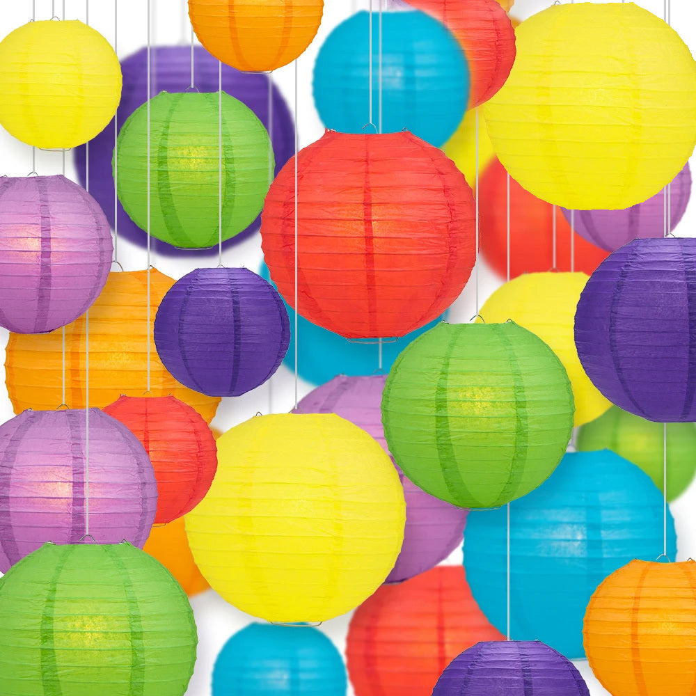 Ultimate 28-Piece Rainbow Variety Paper Lantern Party Pack - Assorted Sizes of 6", 8", 10", 12" (7 Round Lanterns Each) for Weddings, Events and Decor