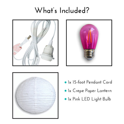Crepe Premium Paper Lantern Pendant Light Cord Kit with S14 Pink LED Bulb