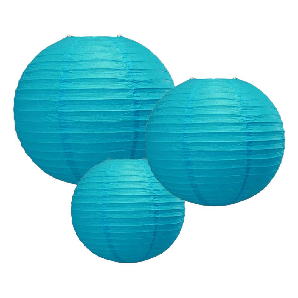 8/12/16" Turquoise Round Paper Lanterns, Even Ribbing (3-Pack Cluster) - PaperLanternStore.com - Paper Lanterns, Decor, Party Lights & More