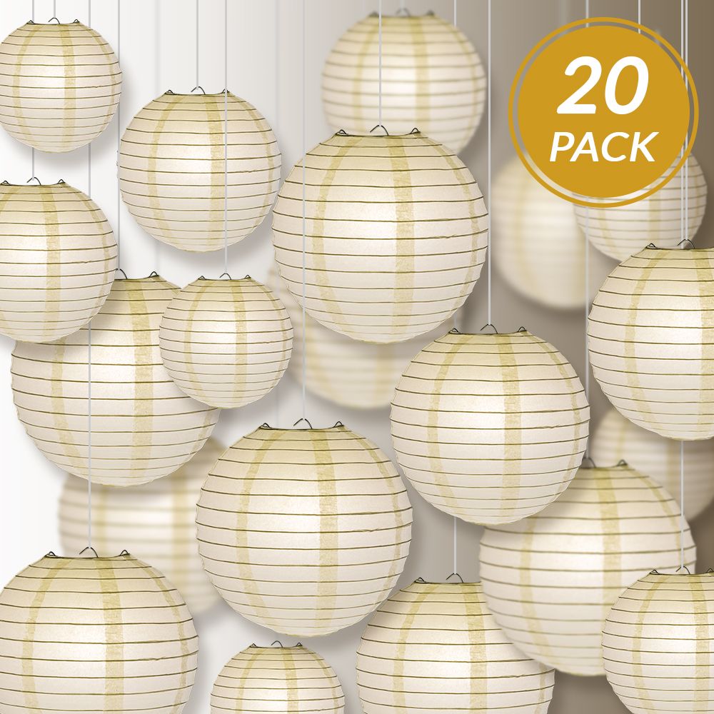 Ultimate 20pc Beige Paper Lantern Party Pack - Assorted Sizes of 6, 8, 10, 12 for Weddings, Birthday, Events and Decor - PaperLanternStore.com - Paper Lanterns, Decor, Party Lights & More