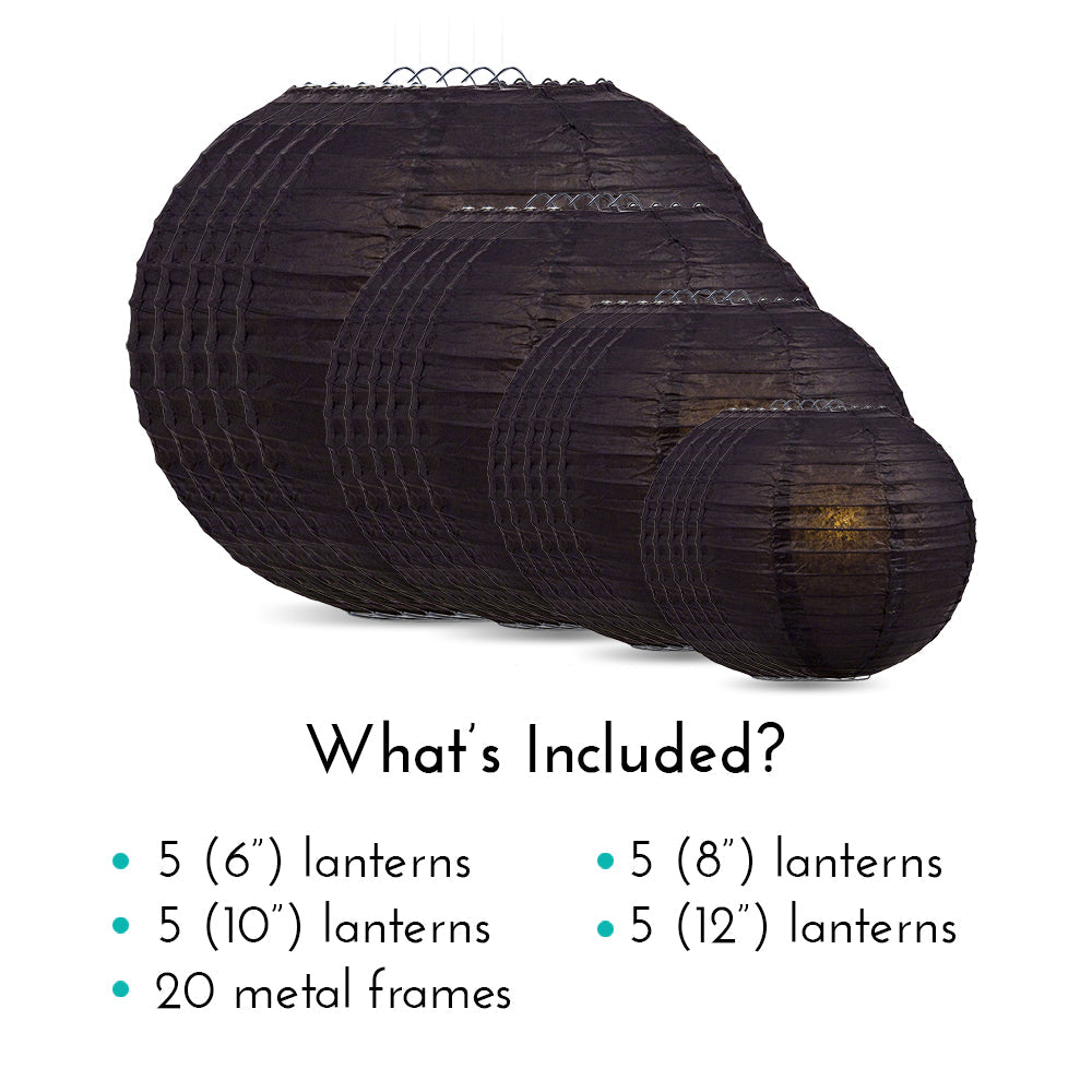 Ultimate 20pc Black Paper Lantern Party Pack - Assorted Sizes of 6, 8, 10, 12 for Weddings, Birthday, Events and Decor - PaperLanternStore.com - Paper Lanterns, Decor, Party Lights & More