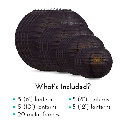 Ultimate 20pc Black Paper Lantern Party Pack - Assorted Sizes of 6, 8, 10, 12 for Weddings, Birthday, Events and Decor - PaperLanternStore.com - Paper Lanterns, Decor, Party Lights & More