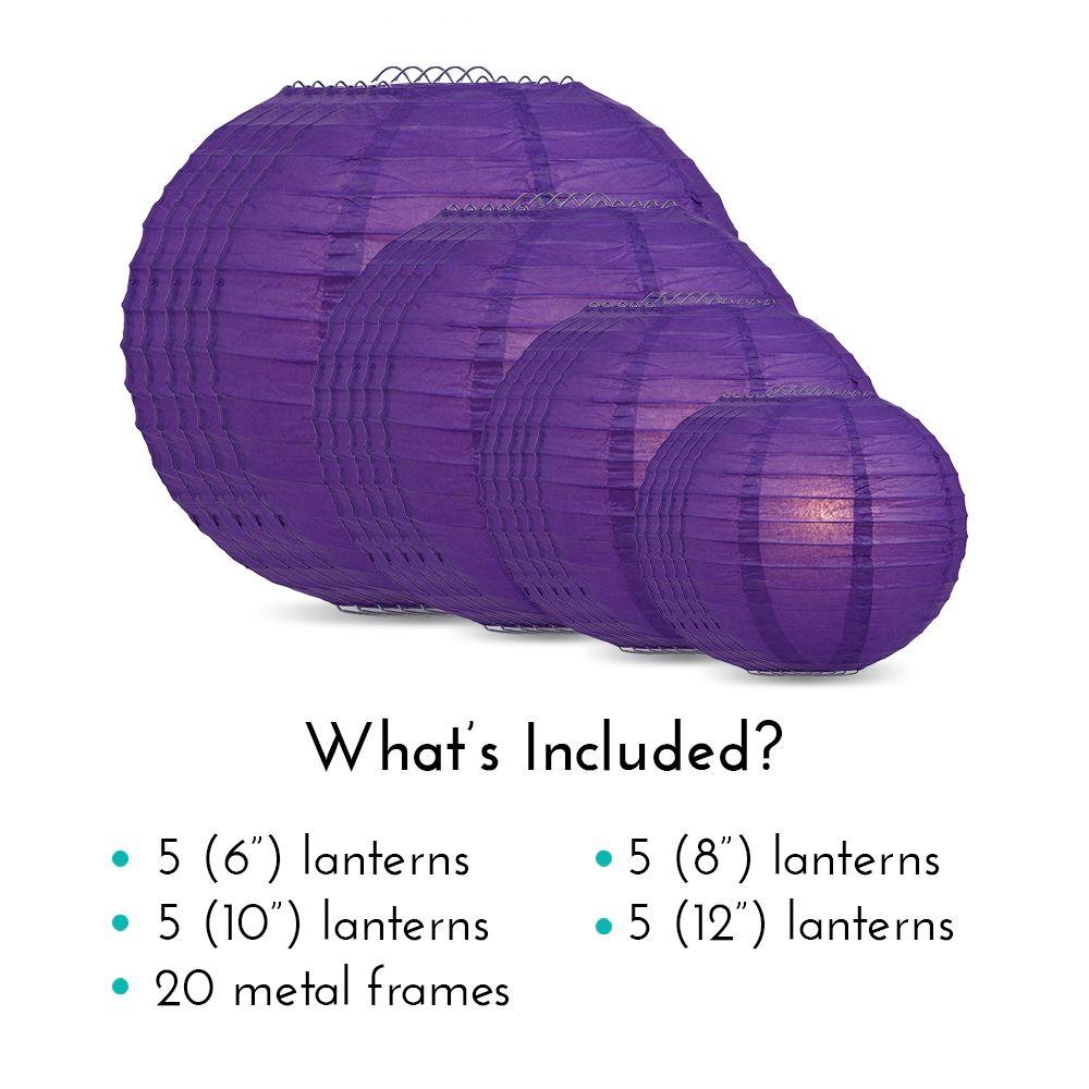Ultimate 20pc Dark Purple Paper Lantern Party Pack - Assorted Sizes of 6, 8, 10, 12 for Weddings, Birthday, Events and Decor - PaperLanternStore.com - Paper Lanterns, Decor, Party Lights & More