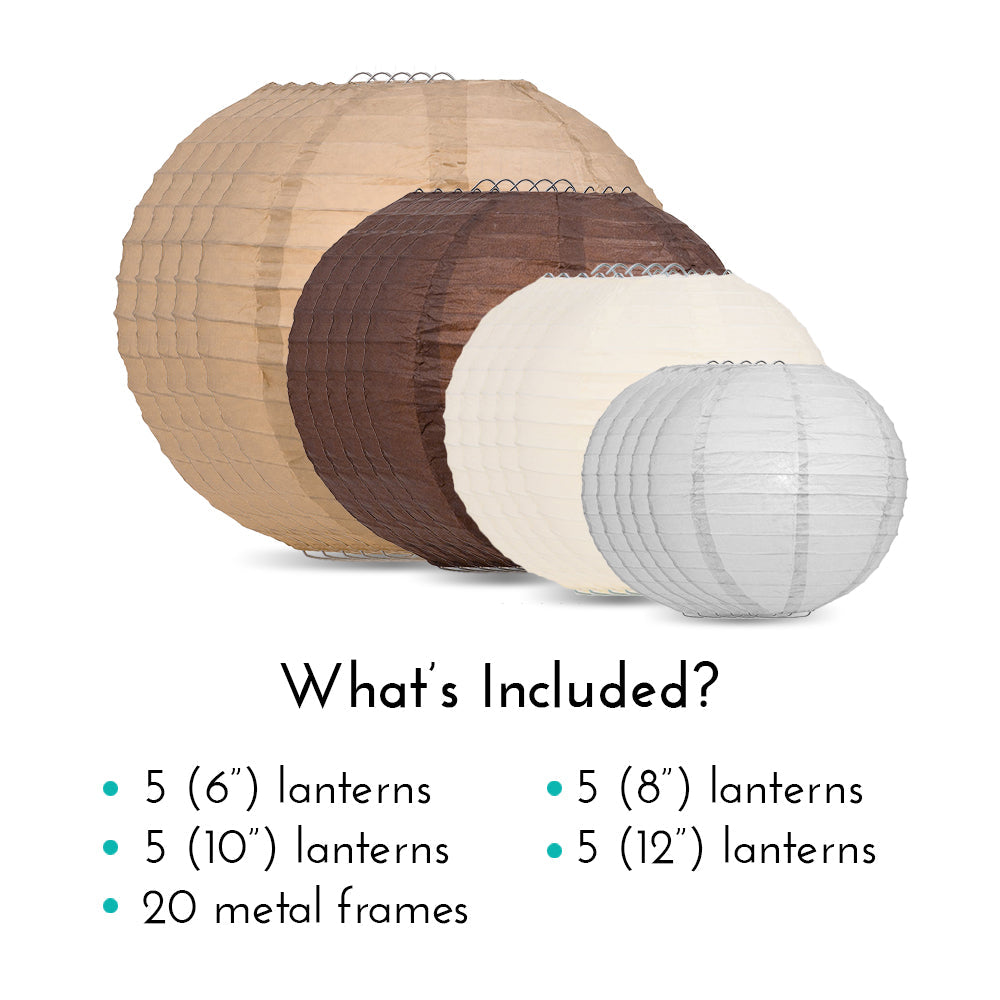 Ultimate 20-Piece Earthtone Variety Paper Lantern Party Pack - Assorted Sizes of 6", 8", 10", 12" (5 Round Lanterns Each) for Weddings and Decor - PaperLanternStore.com - Paper Lanterns, Decor, Party Lights & More