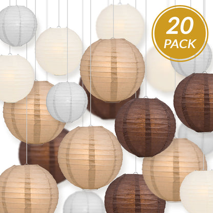 Ultimate 20-Piece Earthtone Variety Paper Lantern Party Pack - Assorted Sizes of 6", 8", 10", 12" (5 Round Lanterns Each) for Weddings and Decor - PaperLanternStore.com - Paper Lanterns, Decor, Party Lights & More