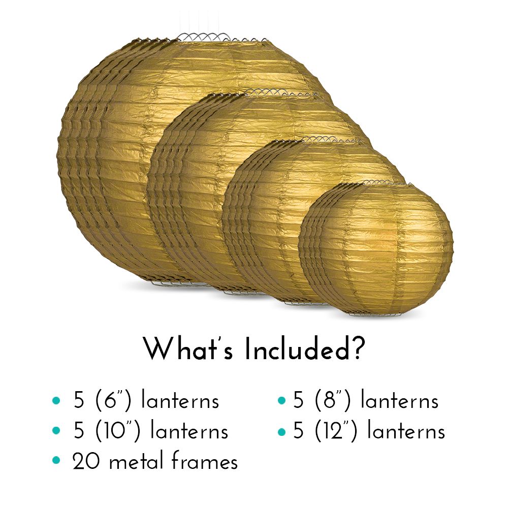 Ultimate 20pc Gold Paper Lantern Party Pack - Assorted Sizes of 6, 8, 10, 12 for Weddings, Birthday, Events and Decor - PaperLanternStore.com - Paper Lanterns, Decor, Party Lights & More
