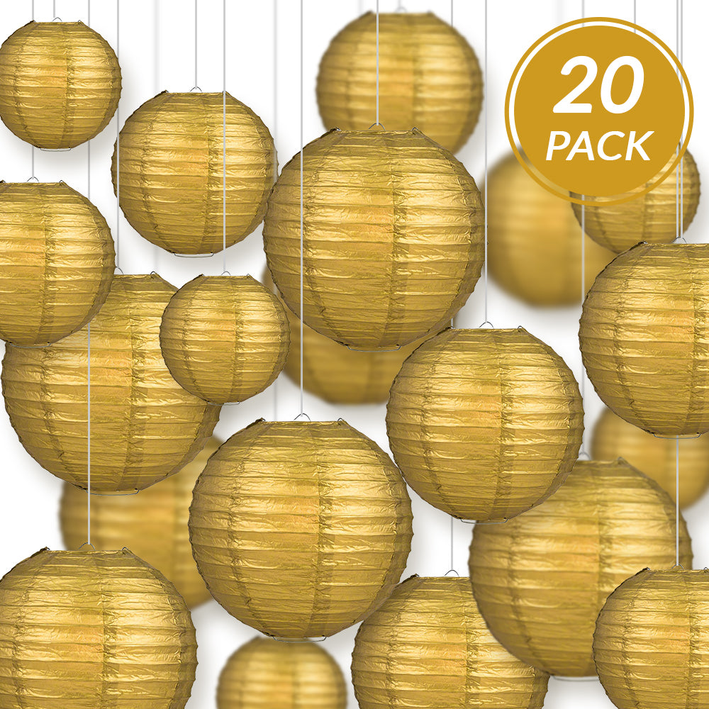 Ultimate 20pc Gold Paper Lantern Party Pack - Assorted Sizes of 6, 8, 10, 12 for Weddings, Birthday, Events and Decor - PaperLanternStore.com - Paper Lanterns, Decor, Party Lights & More