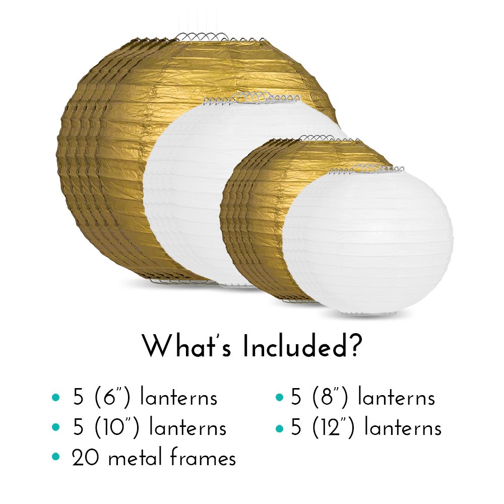 Ultimate 20-Piece Gold Variety Paper Lantern Party Pack - Assorted Sizes of 6", 8", 10", 12" (5 Round Lanterns Each) for Weddings, Events and Decor - PaperLanternStore.com - Paper Lanterns, Decor, Party Lights & More