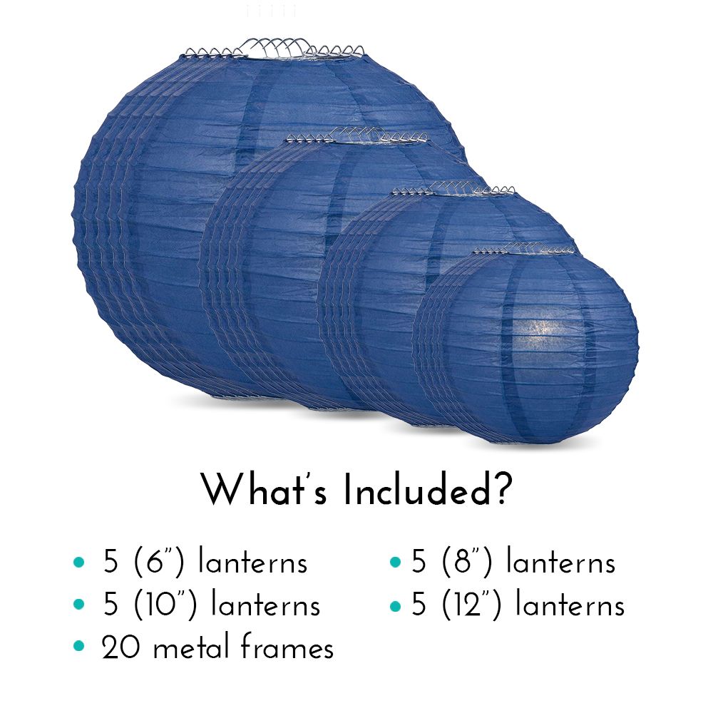 Ultimate 20pc Navy Blue Paper Lantern Party Pack - Assorted Sizes of 6, 8, 10, 12 for Weddings, Birthday, Events and Decor - PaperLanternStore.com - Paper Lanterns, Decor, Party Lights & More