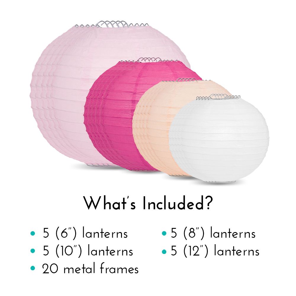 Ultimate 20-Piece Pink Variety Paper Lantern Party Pack - Assorted Sizes of 6", 8", 10", 12" (5 Round Lanterns Each) for Weddings, Events and Decor - PaperLanternStore.com - Paper Lanterns, Decor, Party Lights & More