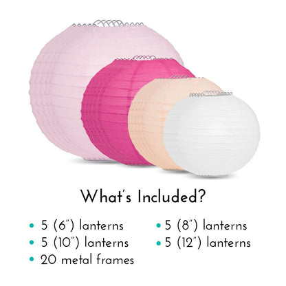 Ultimate 20-Piece Pink Variety Paper Lantern Party Pack - Assorted Sizes of 6", 8", 10", 12" (5 Round Lanterns Each) for Weddings, Events and Decor - PaperLanternStore.com - Paper Lanterns, Decor, Party Lights & More