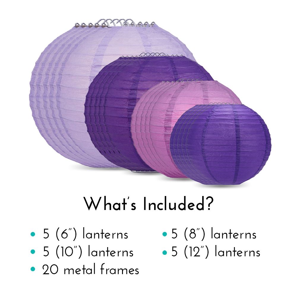 Ultimate 20-Piece Purple Variety Paper Lantern Party Pack - Assorted Sizes of 6", 8", 10", 12" (5 Round Lanterns Each) for Weddings, Birthday, Events and Decor - PaperLanternStore.com - Paper Lanterns, Decor, Party Lights & More