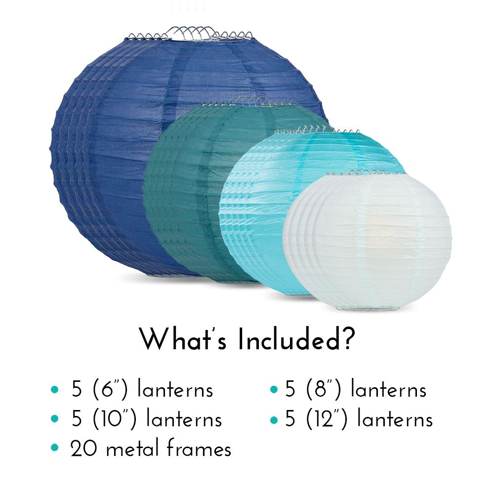 Ultimate 20-Piece Sea Blue Variety Paper Lantern Party Pack - Assorted Sizes - 6", 8", 10", 12" (5 Round Lanterns Each) for Weddings, Events and Decor - PaperLanternStore.com - Paper Lanterns, Decor, Party Lights & More