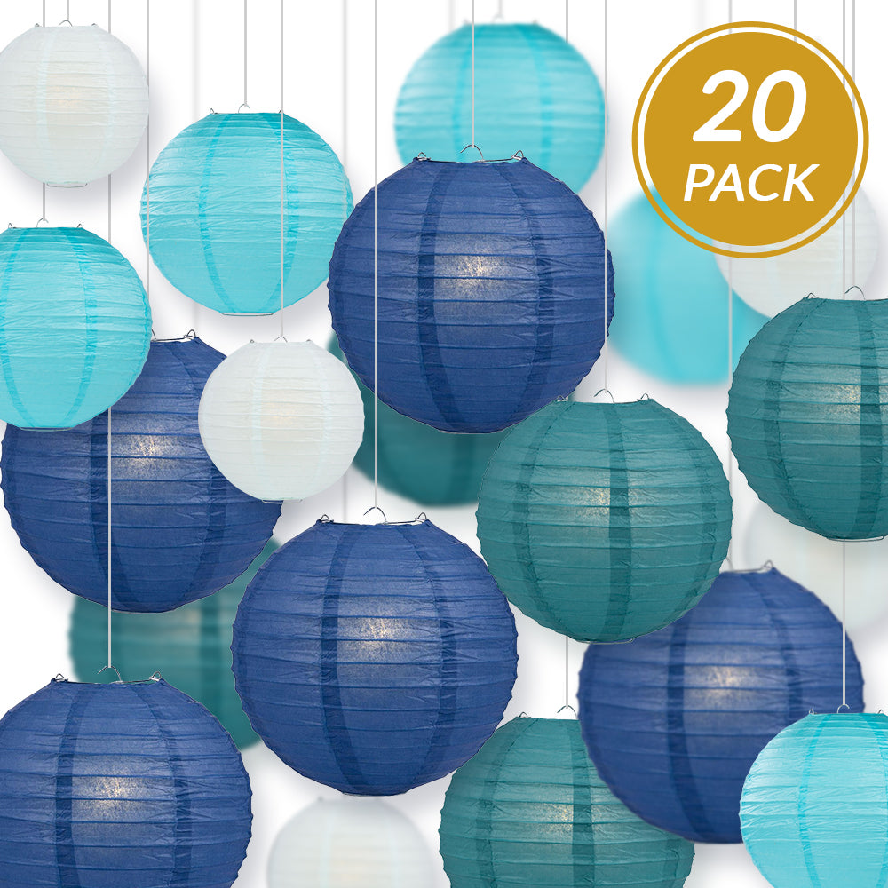 Ultimate 20-Piece Sea Blue Variety Paper Lantern Party Pack - Assorted Sizes - 6", 8", 10", 12" (5 Round Lanterns Each) for Weddings, Events and Decor - PaperLanternStore.com - Paper Lanterns, Decor, Party Lights & More