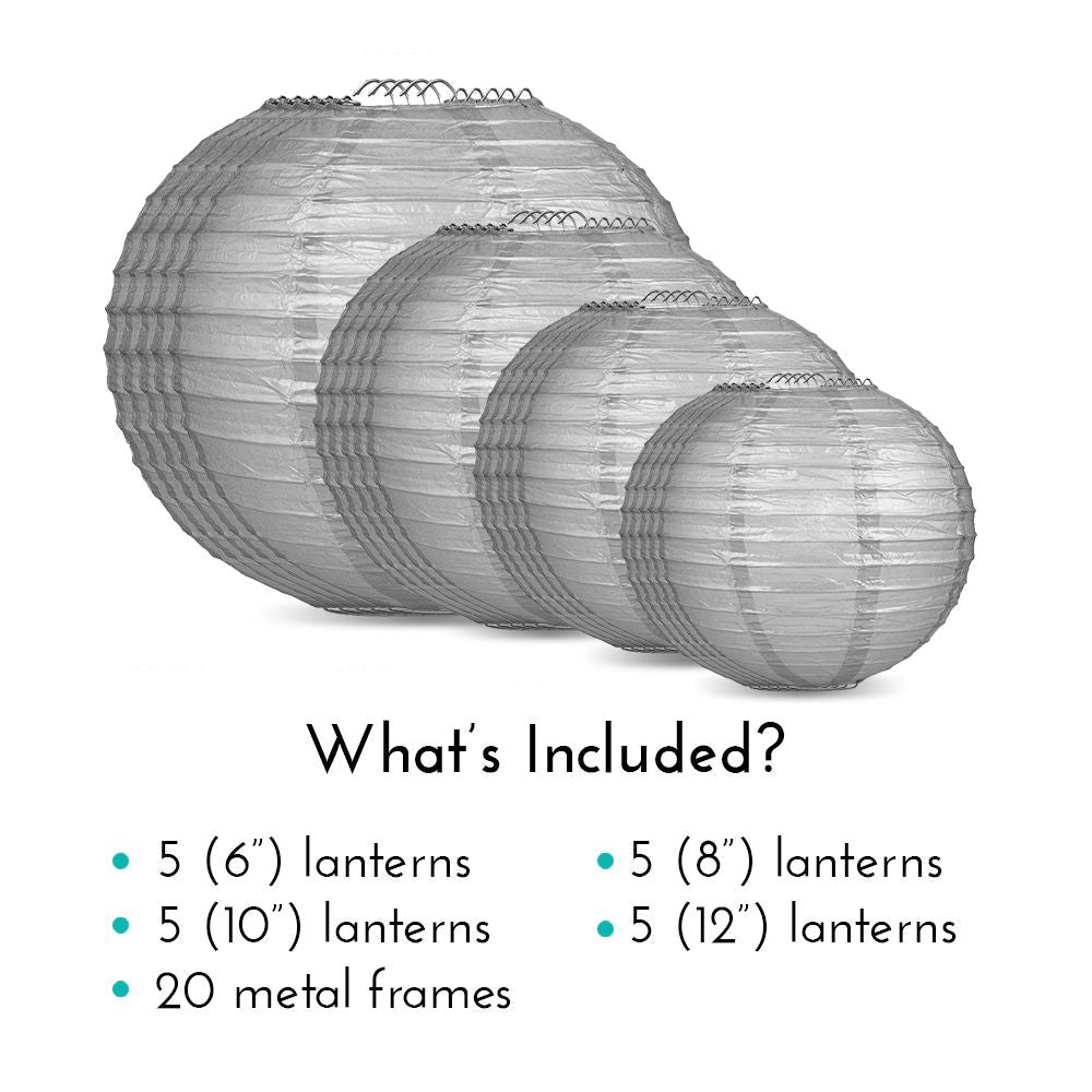 Ultimate 20pc Silver Paper Lantern Party Pack - Assorted Sizes of 6, 8, 10, 12 for Weddings, Birthday, Events and Decor - PaperLanternStore.com - Paper Lanterns, Decor, Party Lights & More