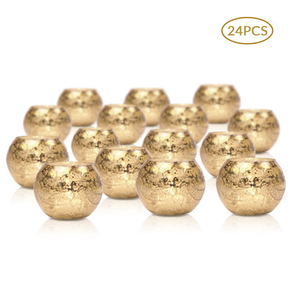 24 Pack | Vintage Mercury Glass Globe Candle Holders (3-Inch, Mary Design, Gold) - For use with Tea Lights - Home Decor, Parties and Wedding Decorations - PaperLanternStore.com - Paper Lanterns, Decor, Party Lights & More