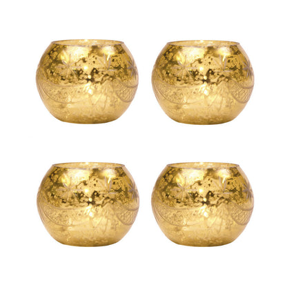 4 Pack | Vintage Mercury Glass Globe Candle Holders (3-Inch, Mary Design, Gold) - For use with Tea Lights - Home Decor, Parties and Wedding Decorations - PaperLanternStore.com - Paper Lanterns, Decor, Party Lights & More