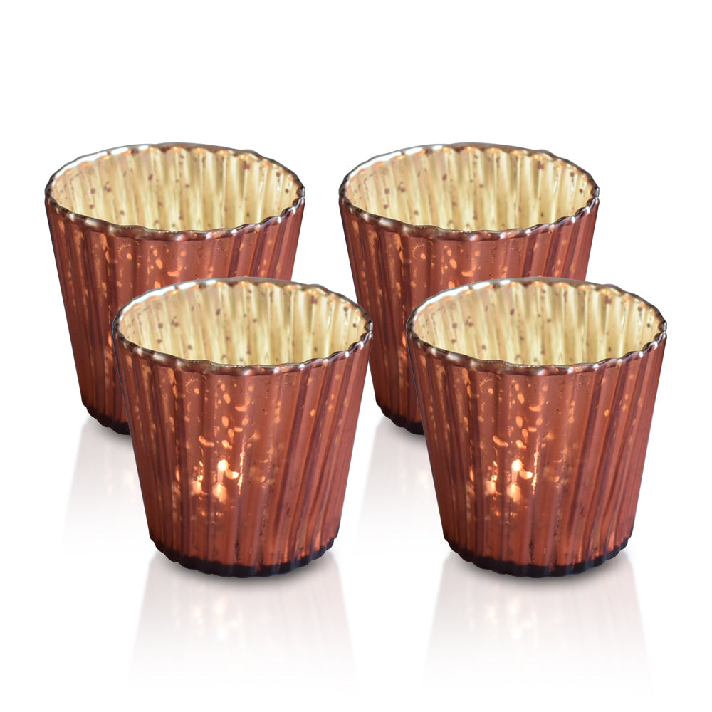 4 Pack | Vintage Mercury Glass Candle Holders (3-Inch, Caroline Design, Vertical Motif, Rustic Red Copper) - For use with Tea Lights - Home Decor, Parties and Wedding Decorations - PaperLanternStore.com - Paper Lanterns, Decor, Party Lights & More