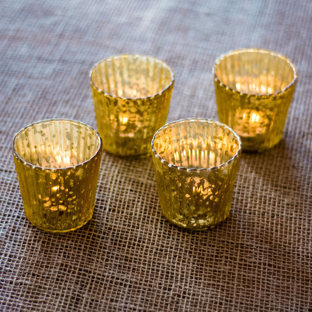 Vintage Mercury Glass Candle Holder (3-Inch, Caroline Design, Vertical Motif, Gold) - For use with Tea Lights - Home Decor, Parties and Wedding Decorations - PaperLanternStore.com - Paper Lanterns, Decor, Party Lights & More