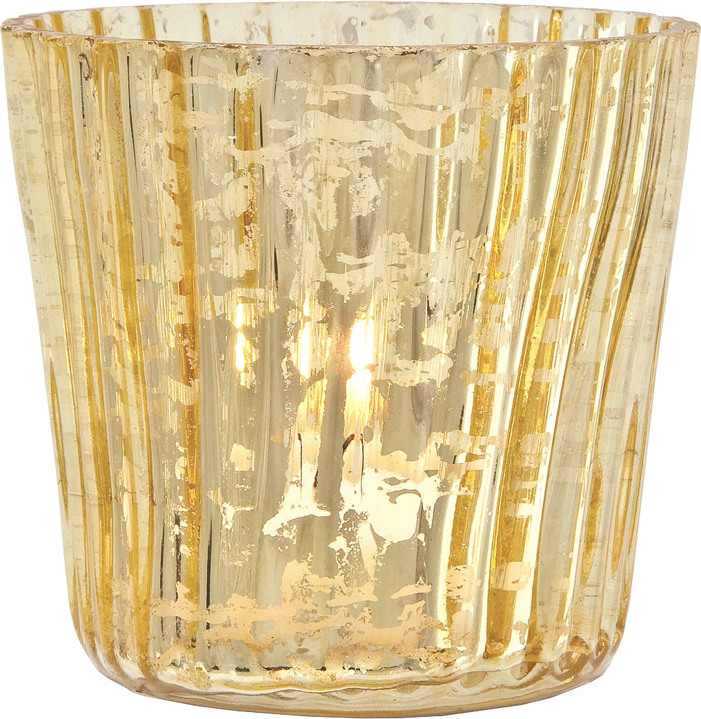 Vintage Mercury Glass Candle Holder (3-Inch, Caroline Design, Vertical Motif, Gold) - For use with Tea Lights - Home Decor, Parties and Wedding Decorations - PaperLanternStore.com - Paper Lanterns, Decor, Party Lights & More