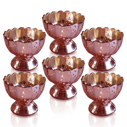 6 Pack | Vintage Mercury Glass Chalice Candle Holders (3-Inch, Suzanne Design, Sundae Cup Motif, Electric Pink) - For Use with Tea Lights - For Home Decor, Parties and Wedding Decorations