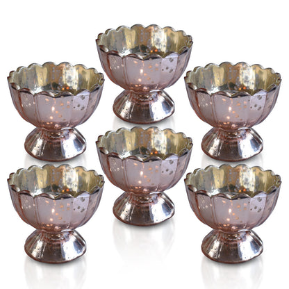 6 Pack | Vintage Mercury Glass Chalice Candle Holders (3-Inch, Suzanne Design, Sundae Cup Motif, Rose Gold Pink) - For Use with Tea Lights - For Home Decor, Parties and Wedding Decorations - PaperLanternStore.com - Paper Lanterns, Decor, Party Lights & More